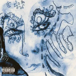 Album cover: a blue ink drawing of a face and a hand